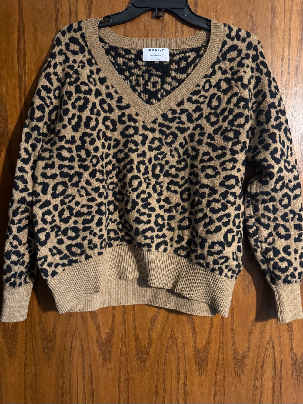 Old Navy Tan and Black Leopard-Print V-Neck Sweater